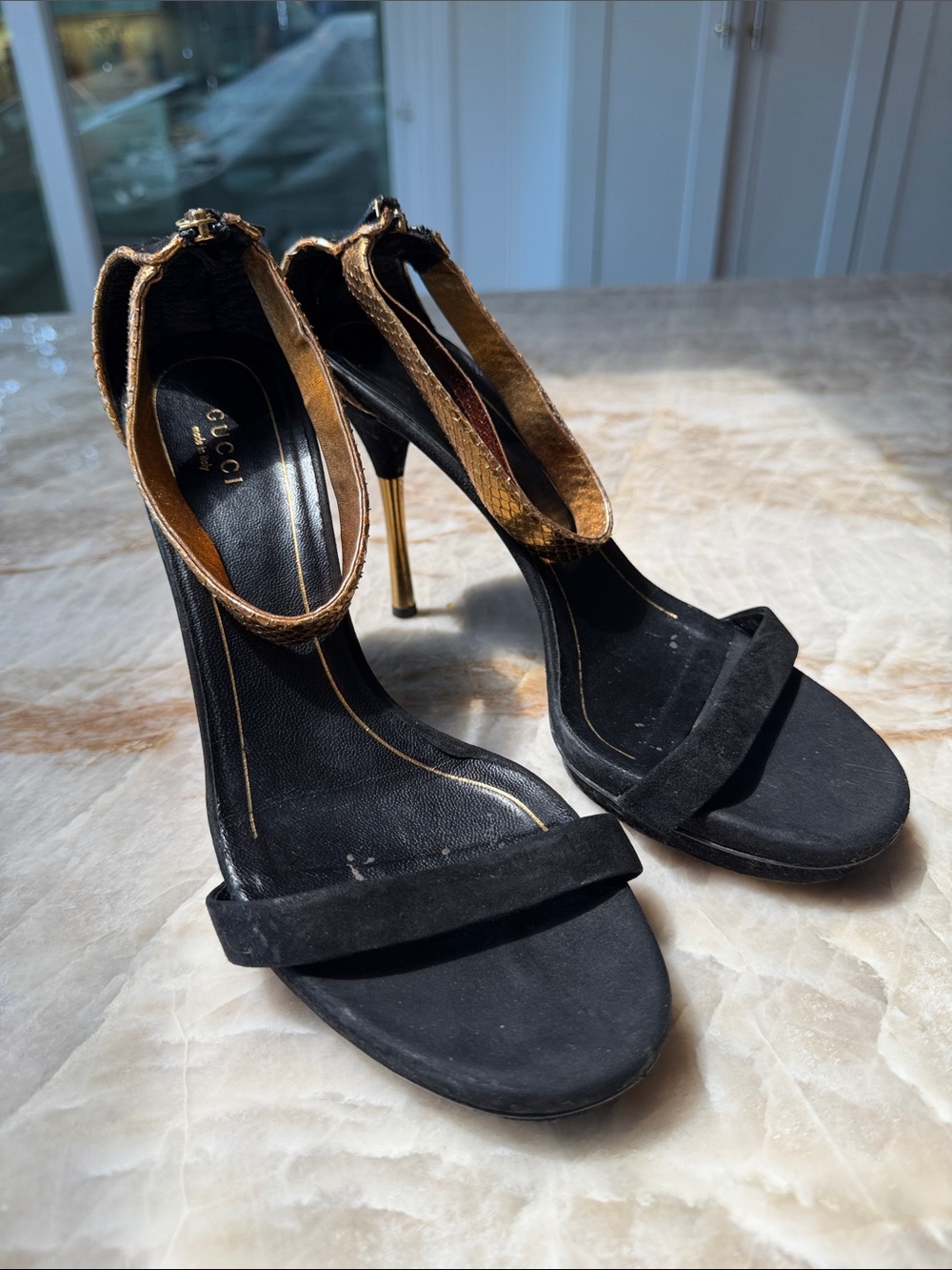 Gucci Black Suede Sandals with Gold-Tone Stiletto and Brown Snake-Trim Ankle